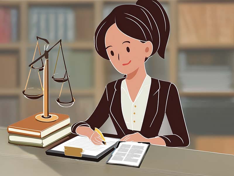 Illustratie van een adviseur die met weegschaal en documenten een berekening controleert
